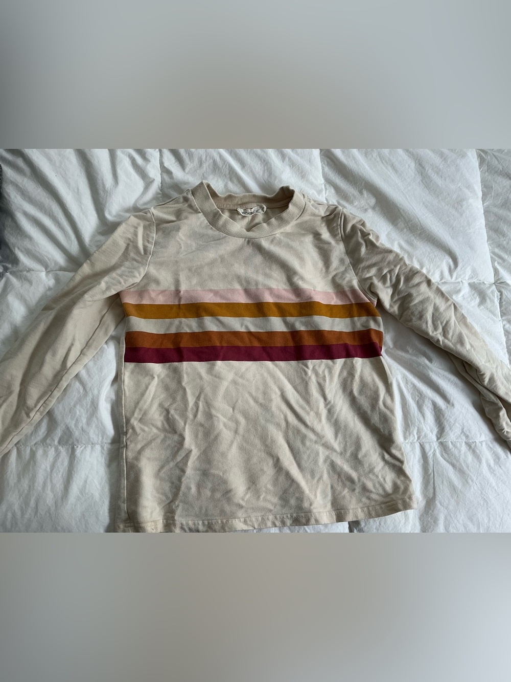 ROOLEE Small Cream Striped long sleeve Crewneck top with Pink, Mustard & Red